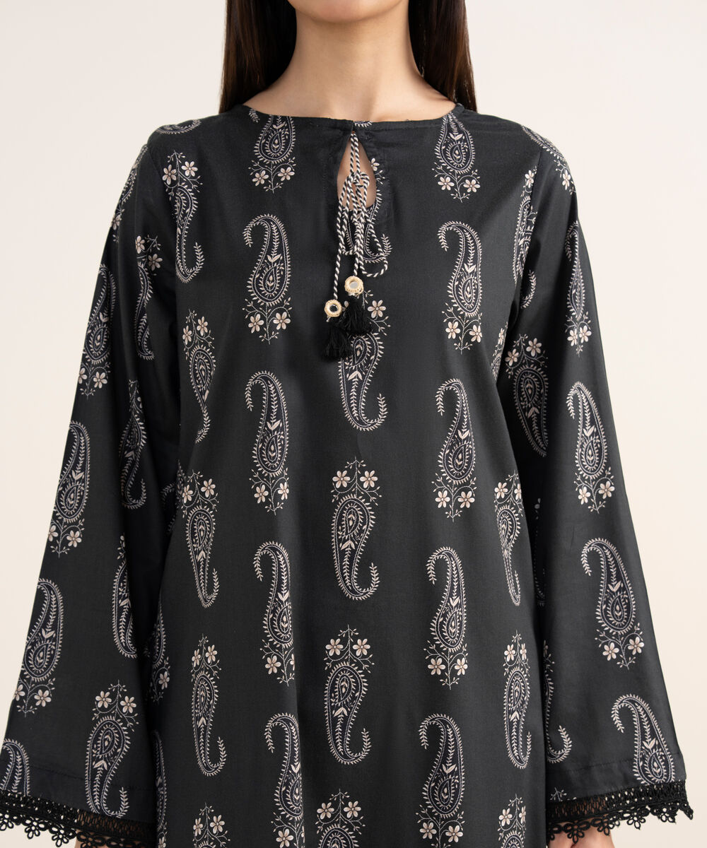 Women's RTW Lawn Viscose Black Printed A-Line Shirt