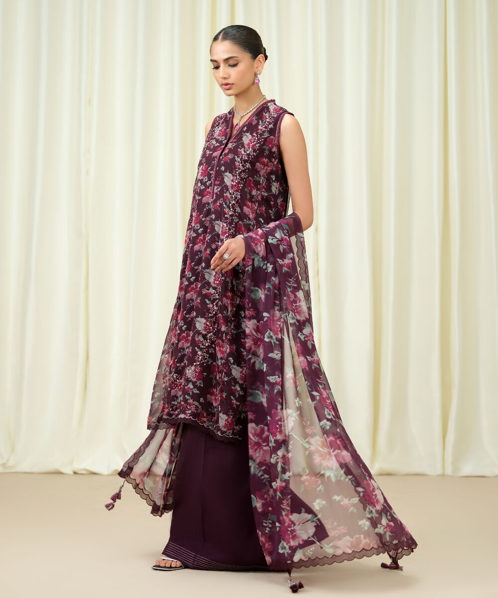 Women's Unstitched Blended Chiffon Embroidered Purple 3 Piece Suit