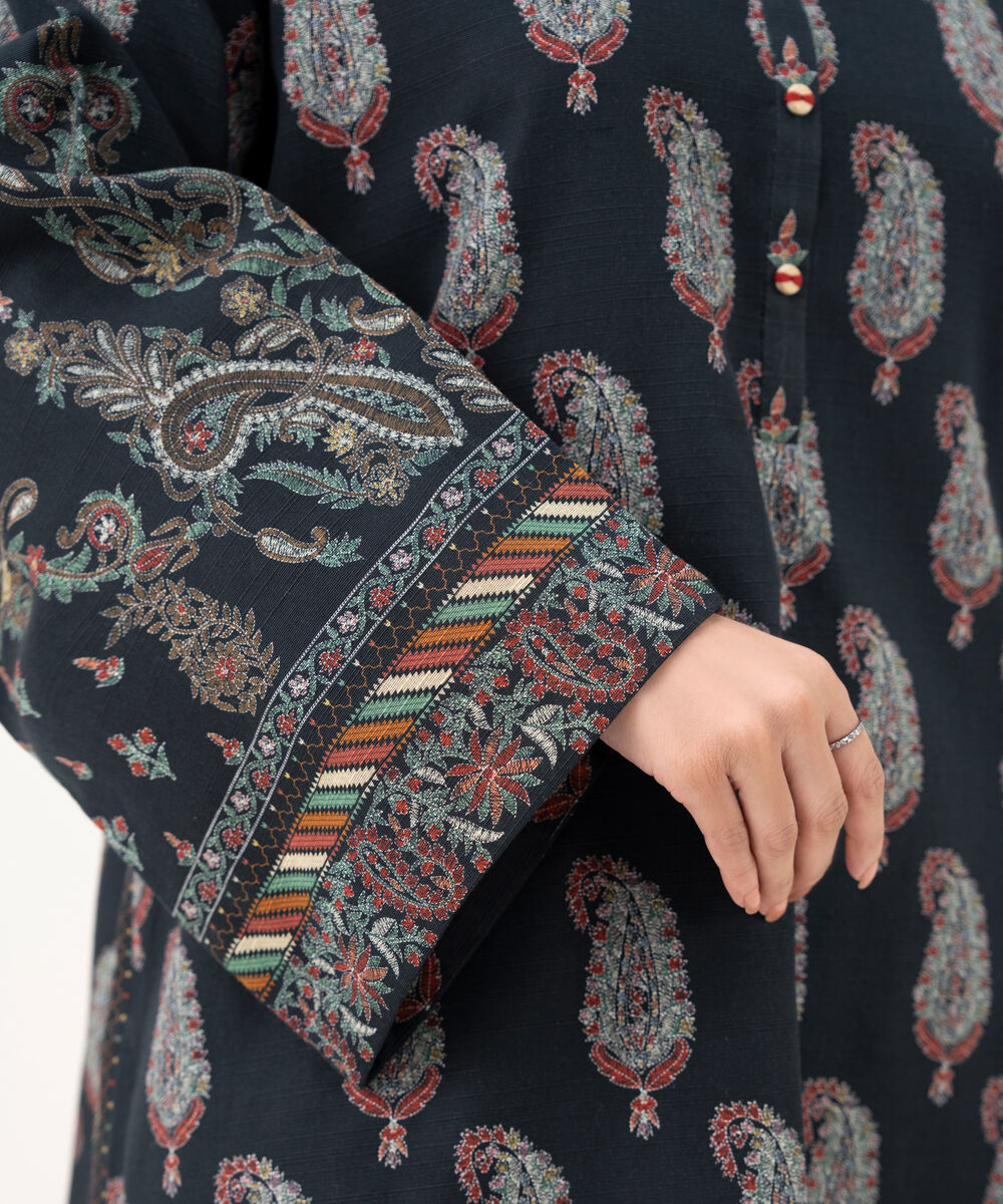 Women's Unstitched Light Khaddar Printed Black 2 Piece Suit