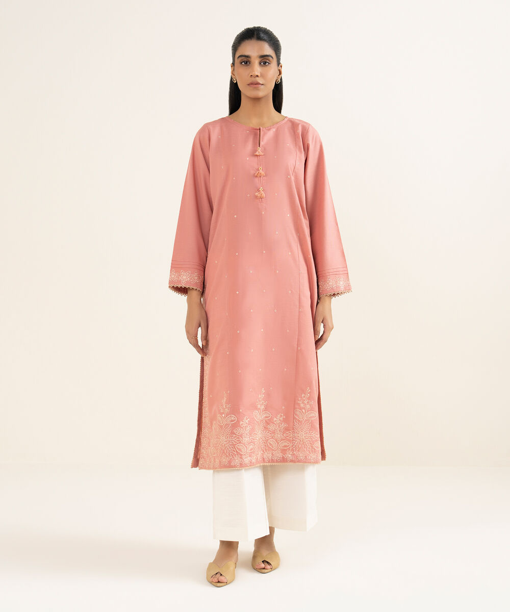 Women's RTW Light Khaddar Embroidered Pink A-Line Shirt