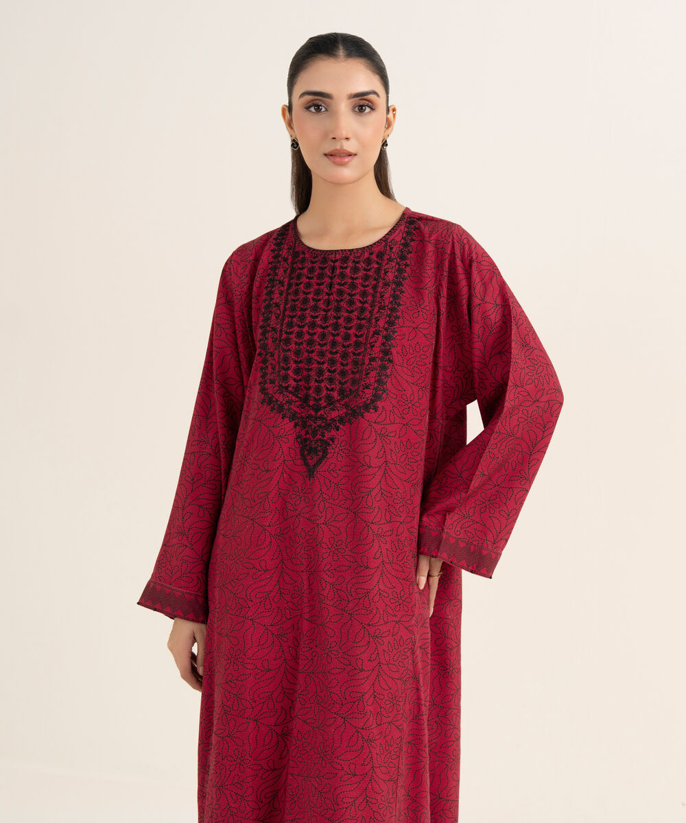 Women's RTW Cotton Embroidered Red A-Line Shirt
