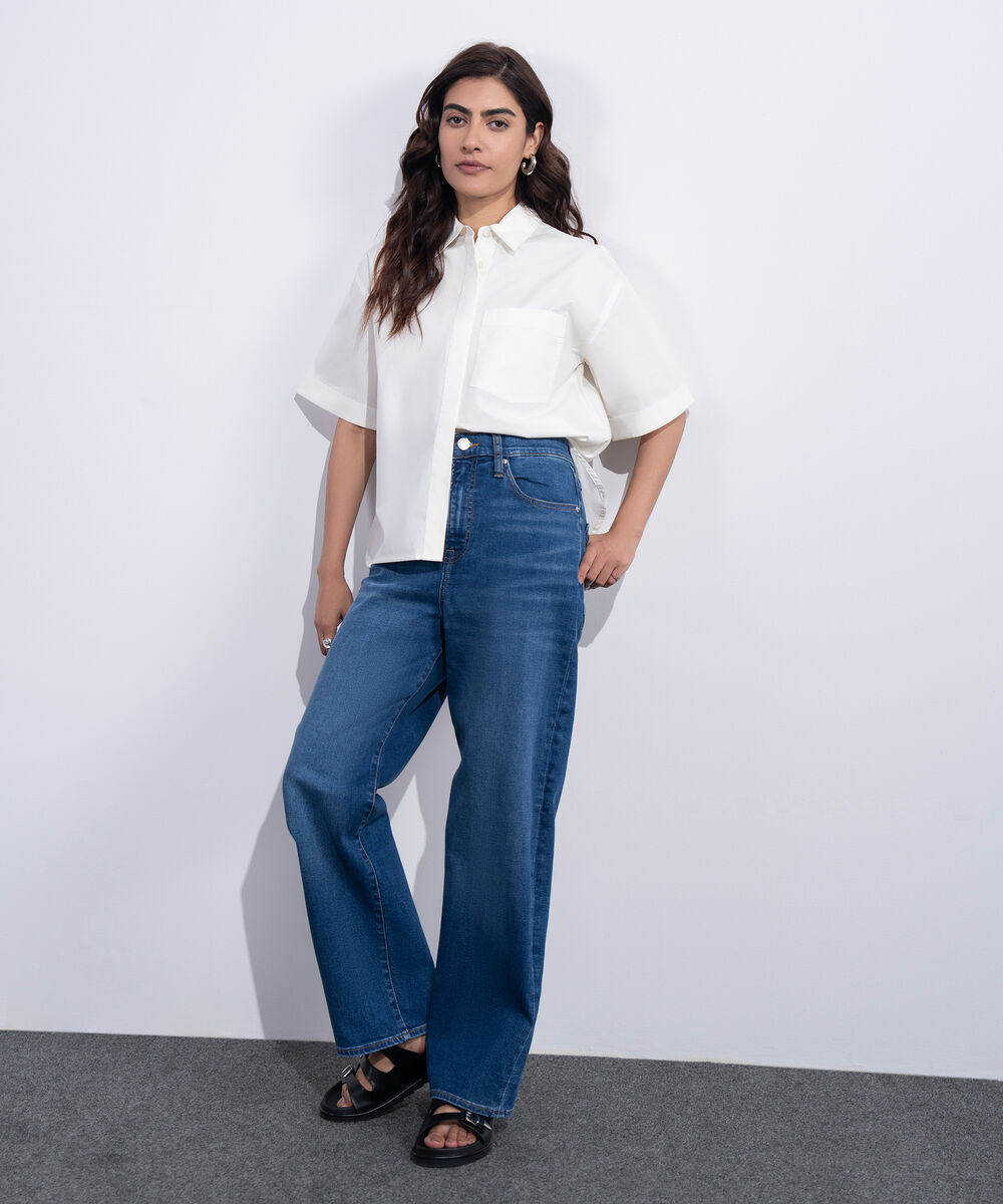 Women's Western Mid Blue Wash High Rise Ankle Straight Jeans
