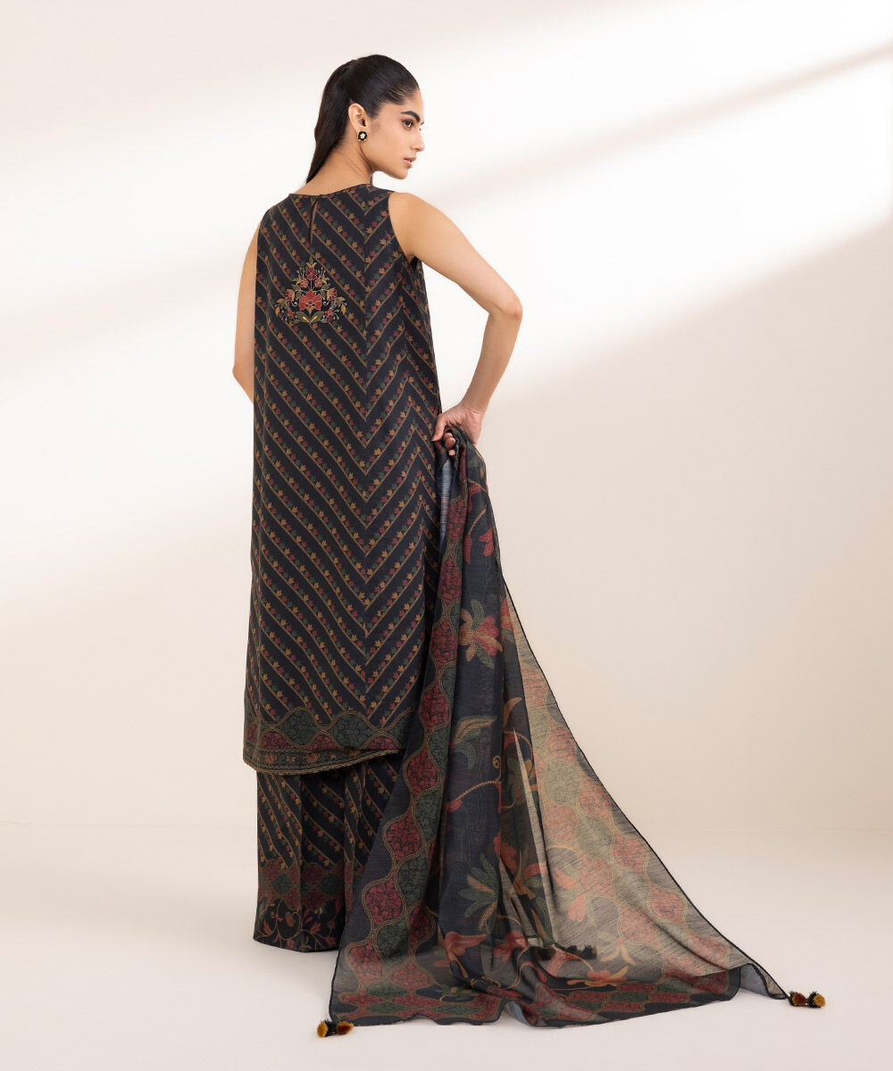 Unstitched Women's Embroidered Lawn Black Three Piece Suit