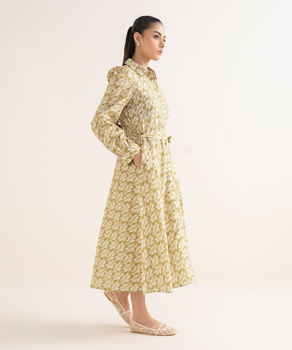 Women's RTW Cambric Printed Olive Green Dress