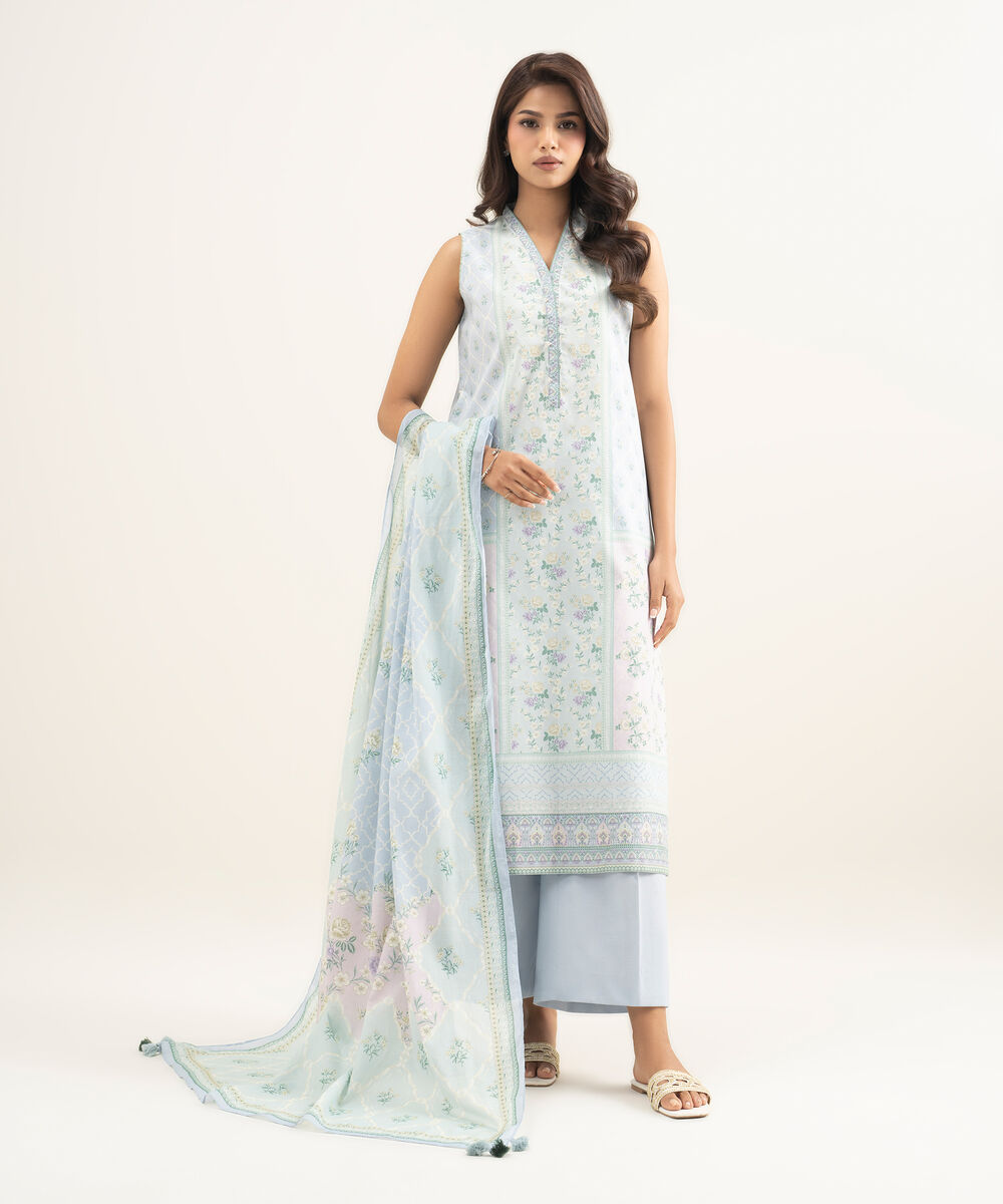 Women's Unstitched Lawn Printed Blue 3 Piece Suit
