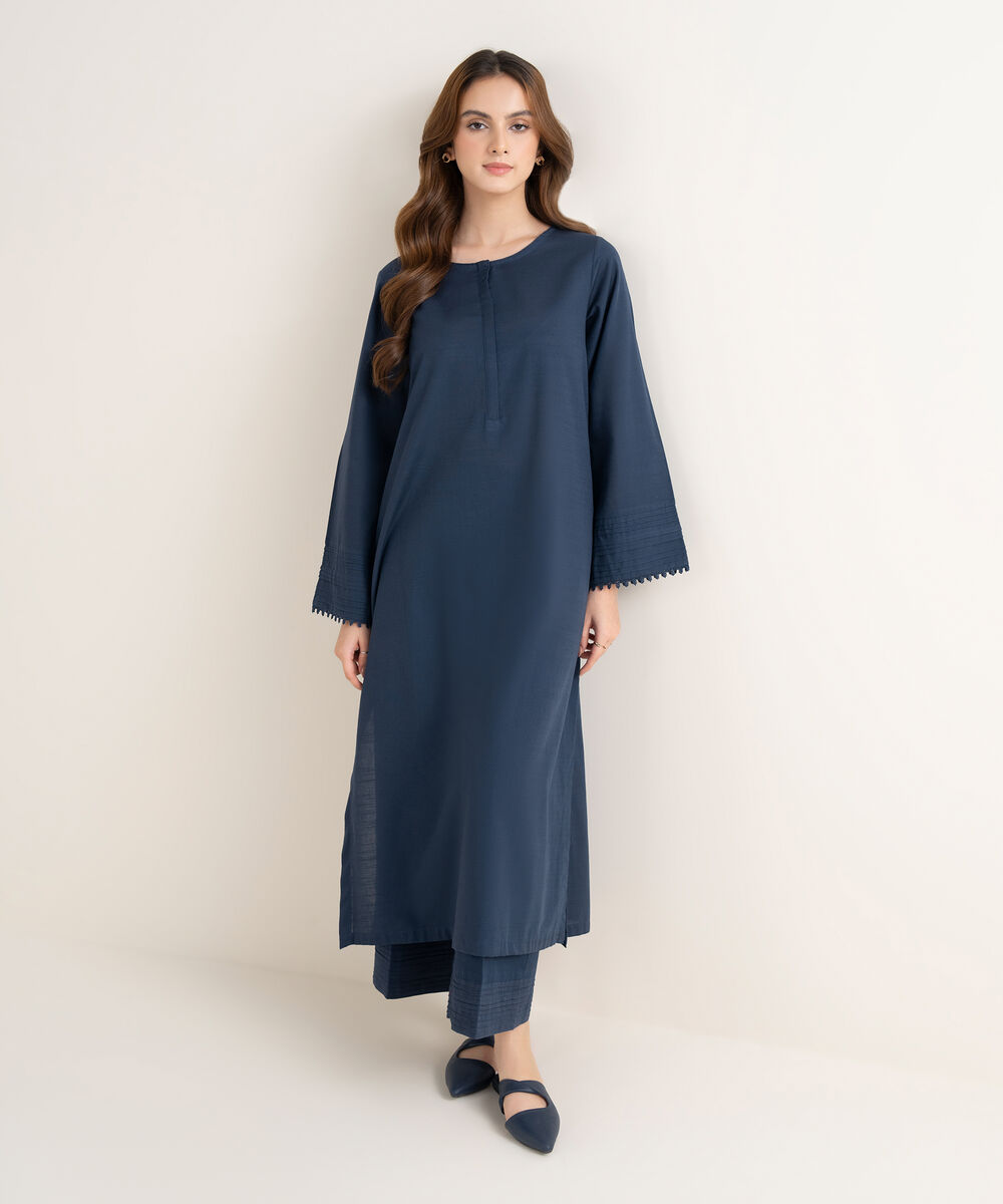 Women's RTW Textured Cotton Solid A-Line Blue Shirt