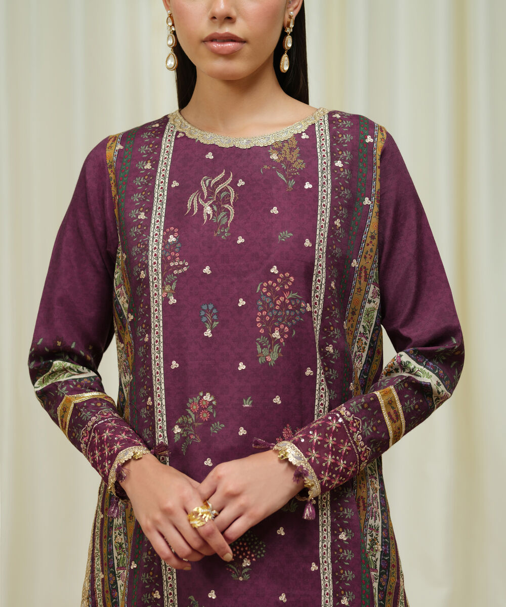 Women's Unstitched Raw Silk Embroidered Purple 3 Piece Suit