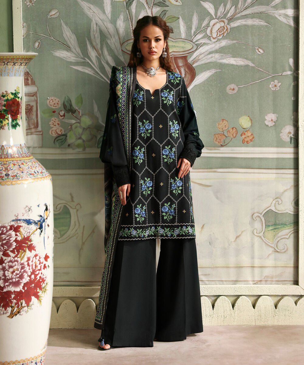 3 Piece - Embroidered Raw Silk Suit Women's Unstitched Viscose Raw Silk Embroidered Black 3 Piece Suit