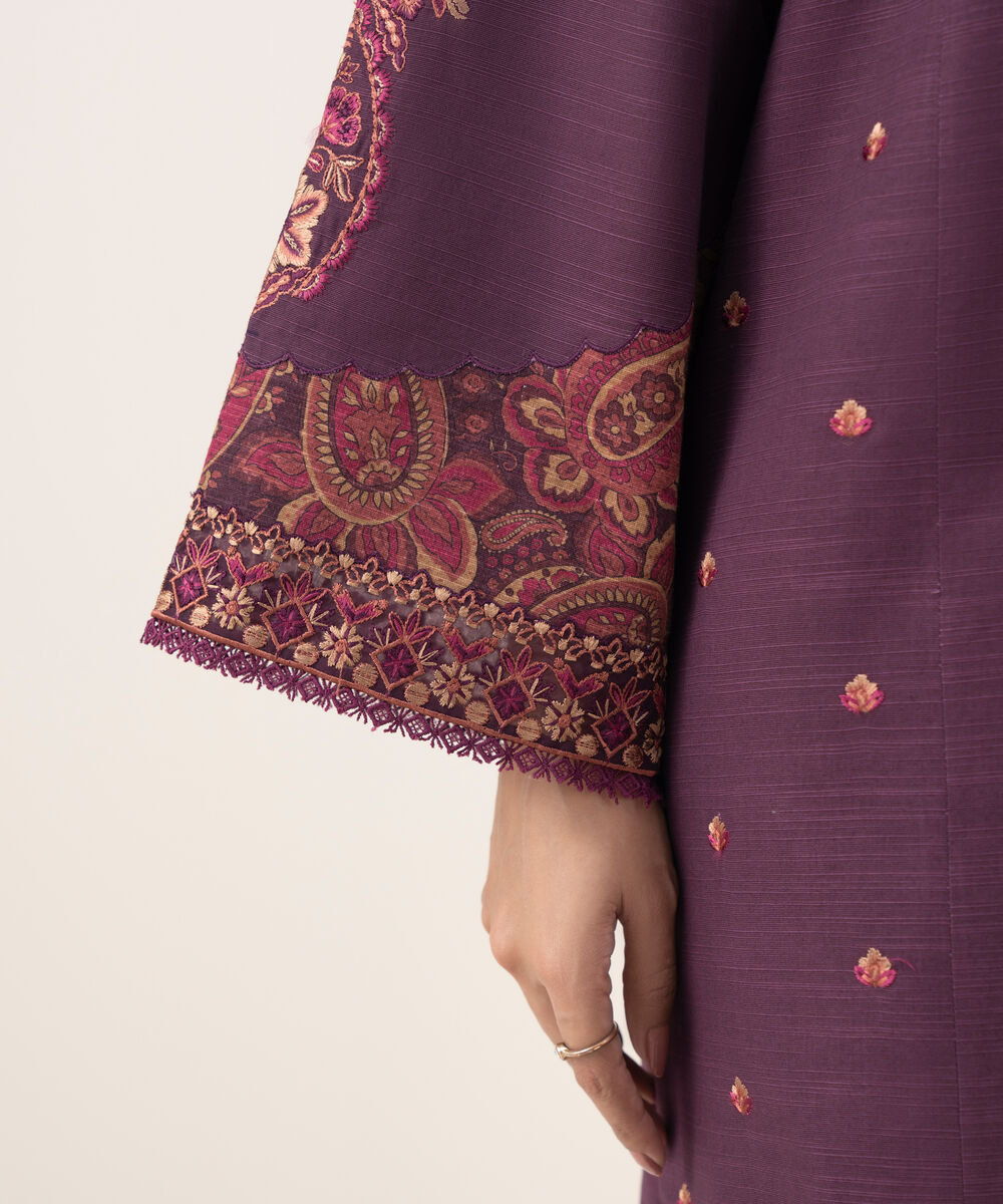 Women's Unstitched Embroidered Khaddar Plum 3 Piece Suit