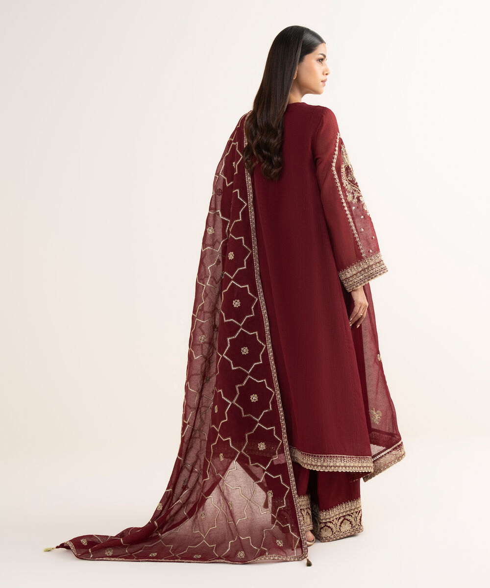 Women's RTW Blended Textured Karandi Maroon Embroidered 3 Piece Suit