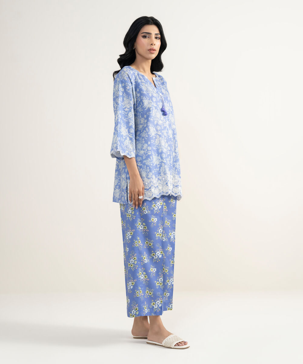 Women's RTW Dobby Embroidered Blue Straight Shirt