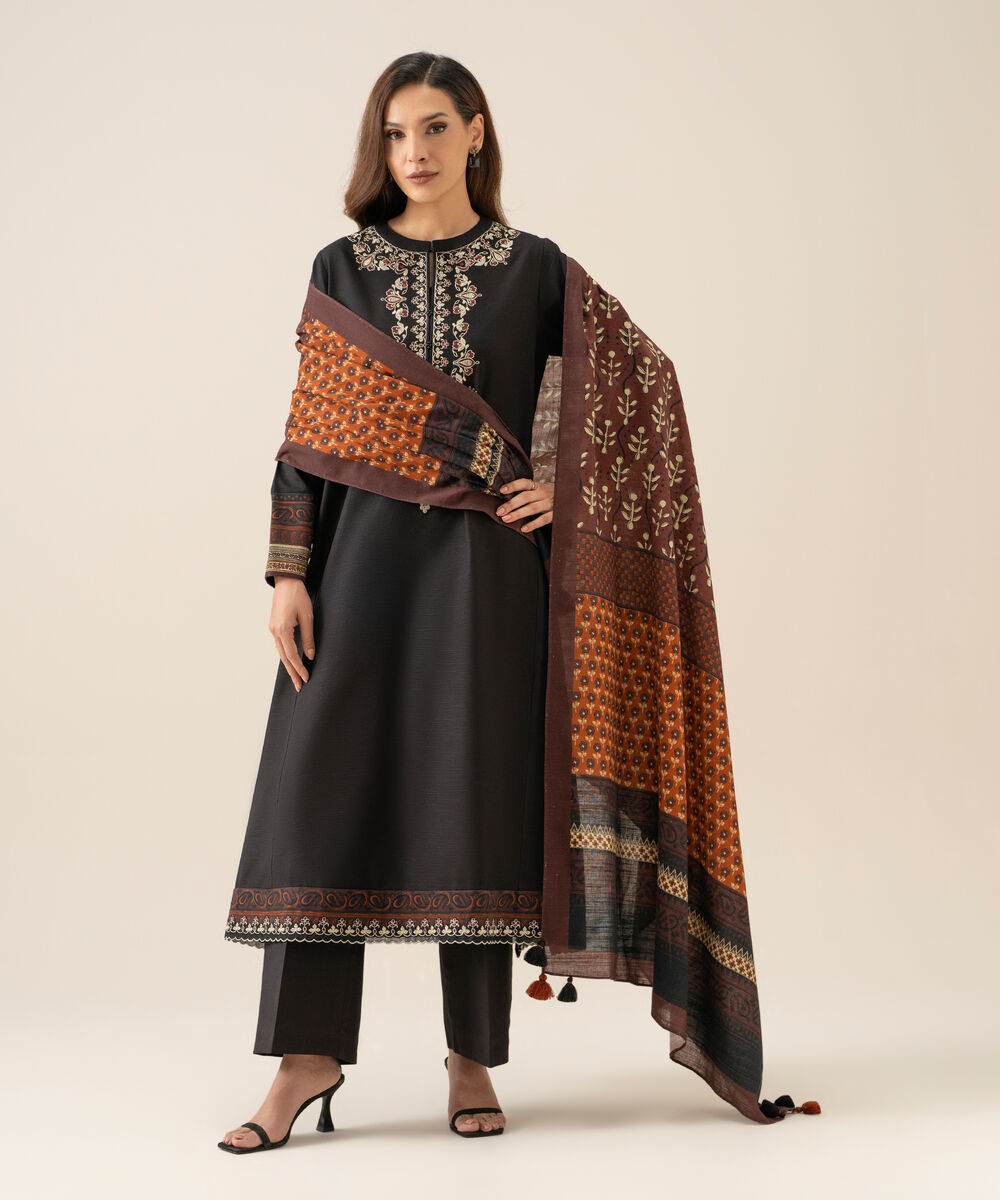 Women's Unstitched Light Khaddar Embroidered Black 3 Piece Suit
