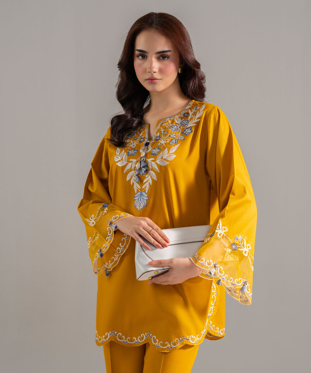 Women's RTW Dobby Solid Embroidered Mustard Yellow Straight Shirt