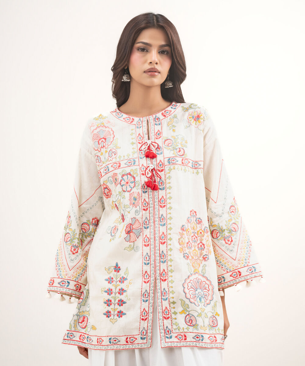 Women's RTW Dobby Embroidered Off White Drop Shoulder Shirt