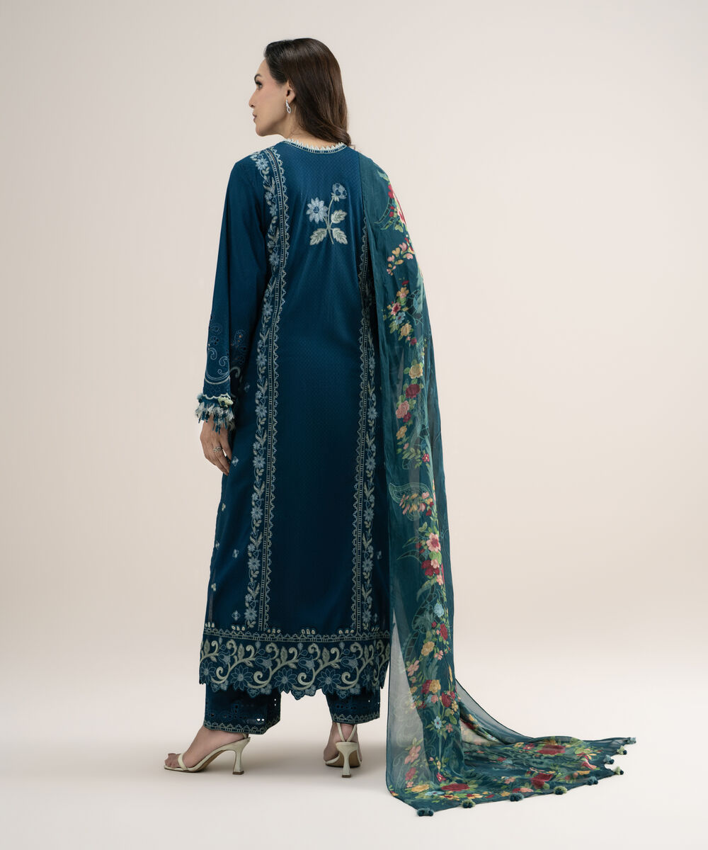 Women's Unstitched Embroidered Dobby Teal Green 3 Piece Suit