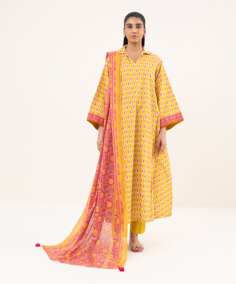 Women's Unstitched Cotton Printed Yellow 3 Piece Suit