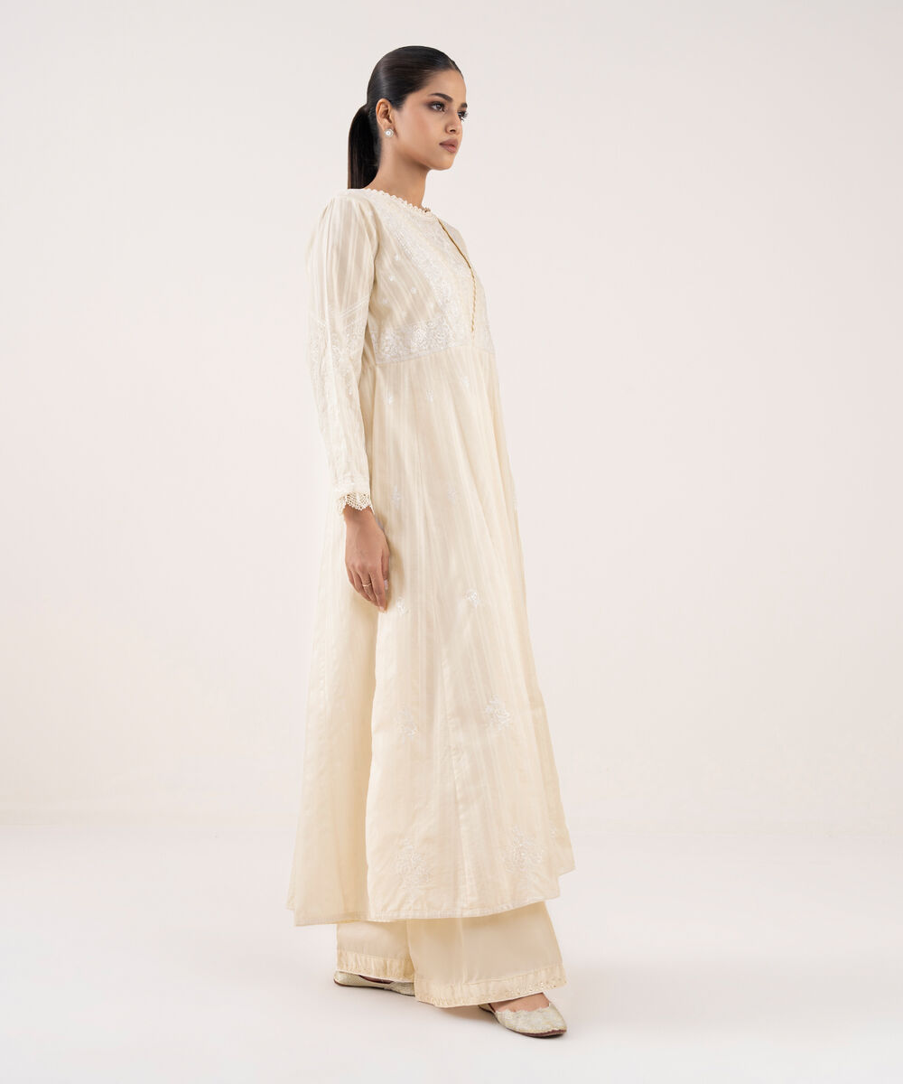 Women's RTW Textured Lawn Off White Embroidered Pishwas