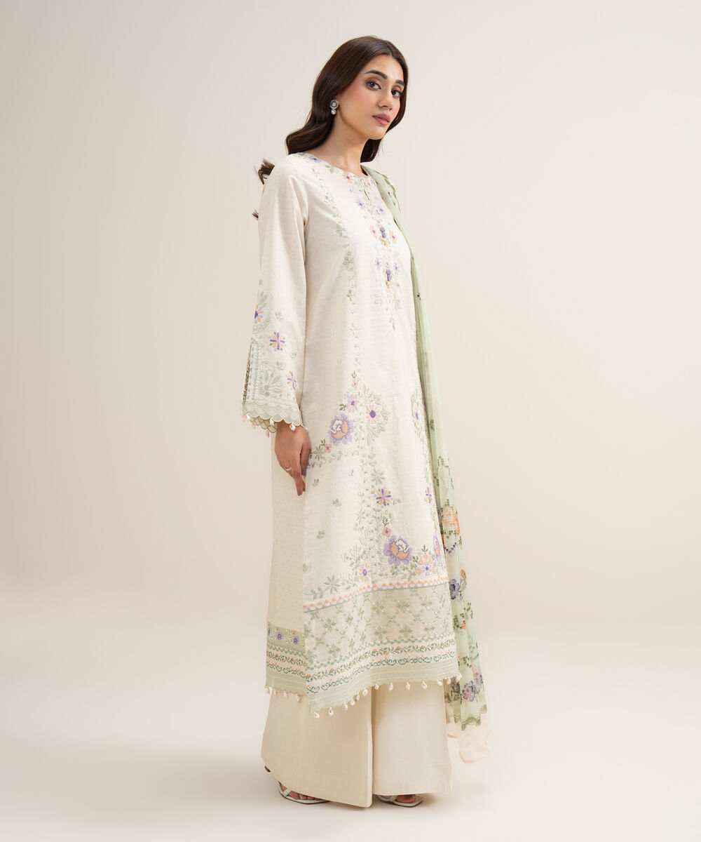 Women's Unstitched Lawn Embroidered Off White 3 Piece Suit