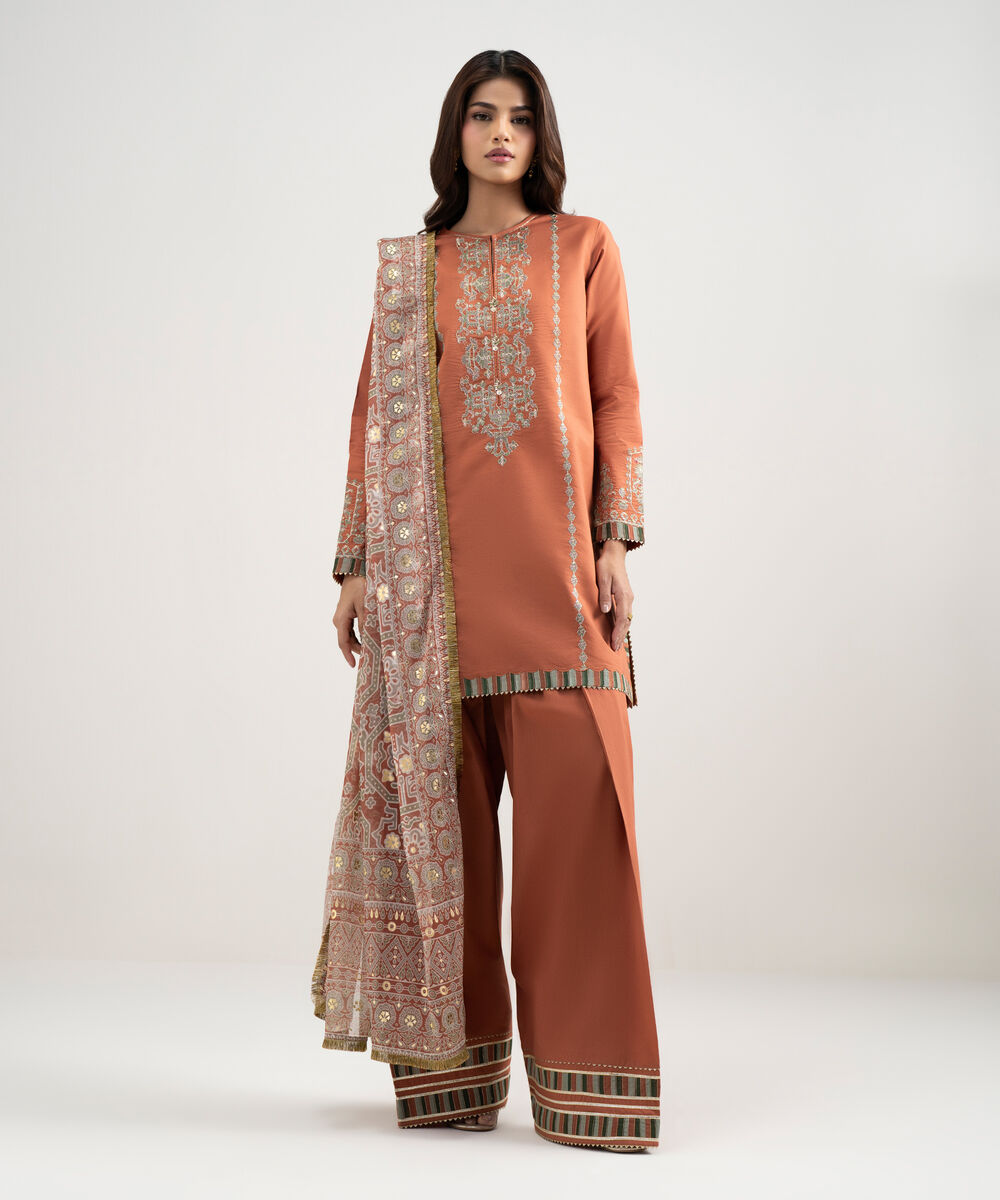 Women's Unstitched Lawn Embroidered Orange 3 Piece Suit