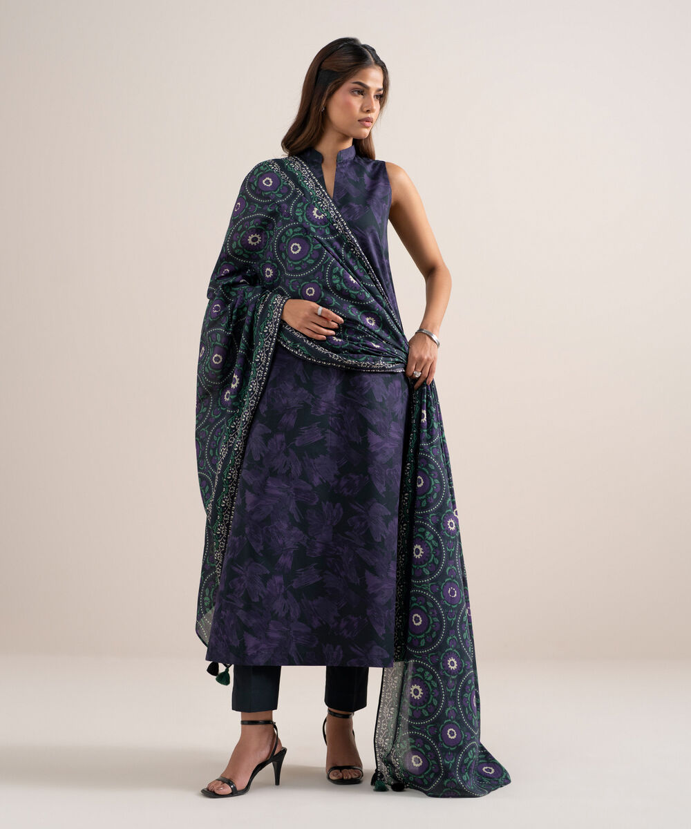 Women's Unstitched Lawn Printed Black and Purple 3 Piece Suit