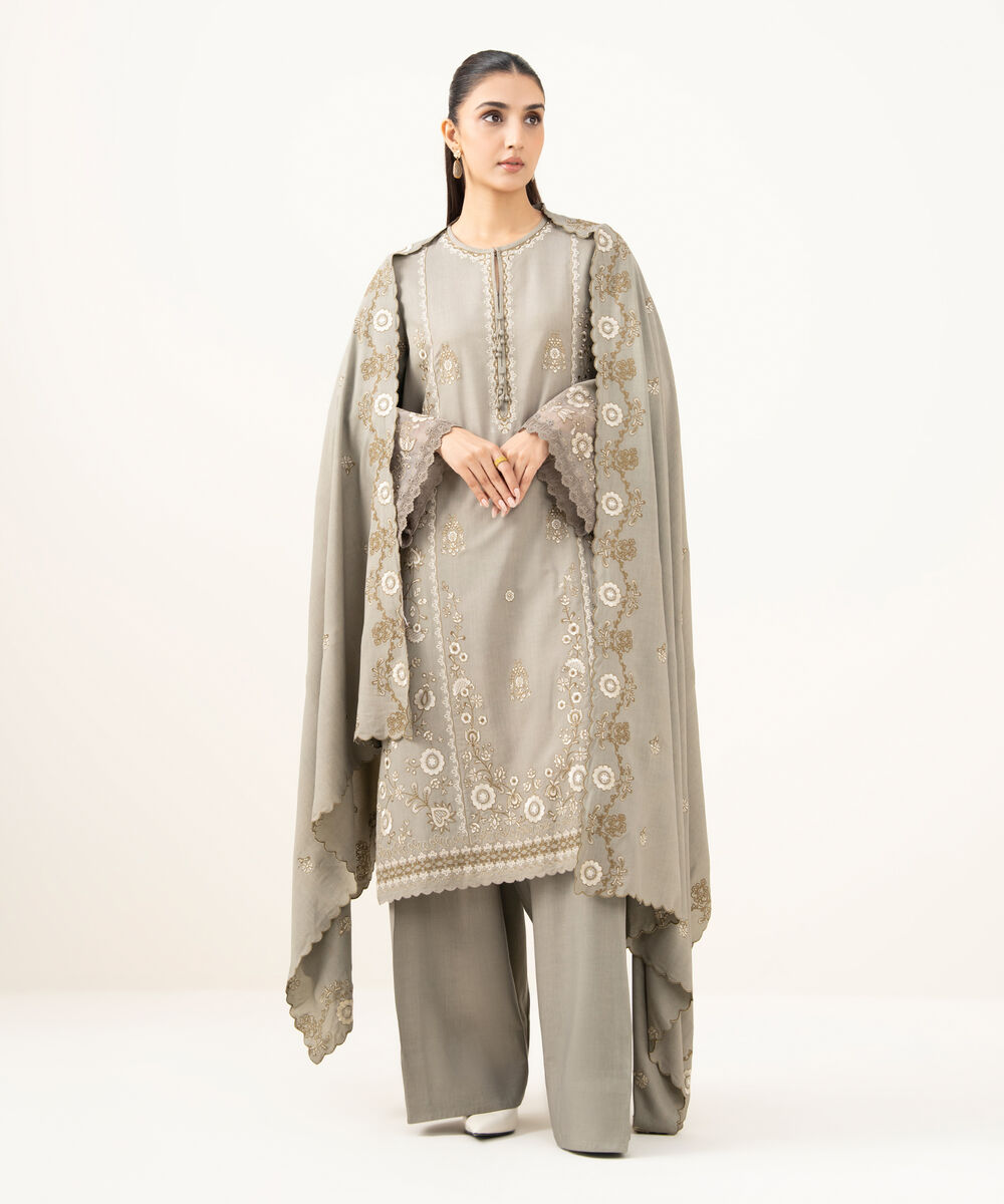 Women's Unstitched Embroidered Linen Beige 3 Piece Suit