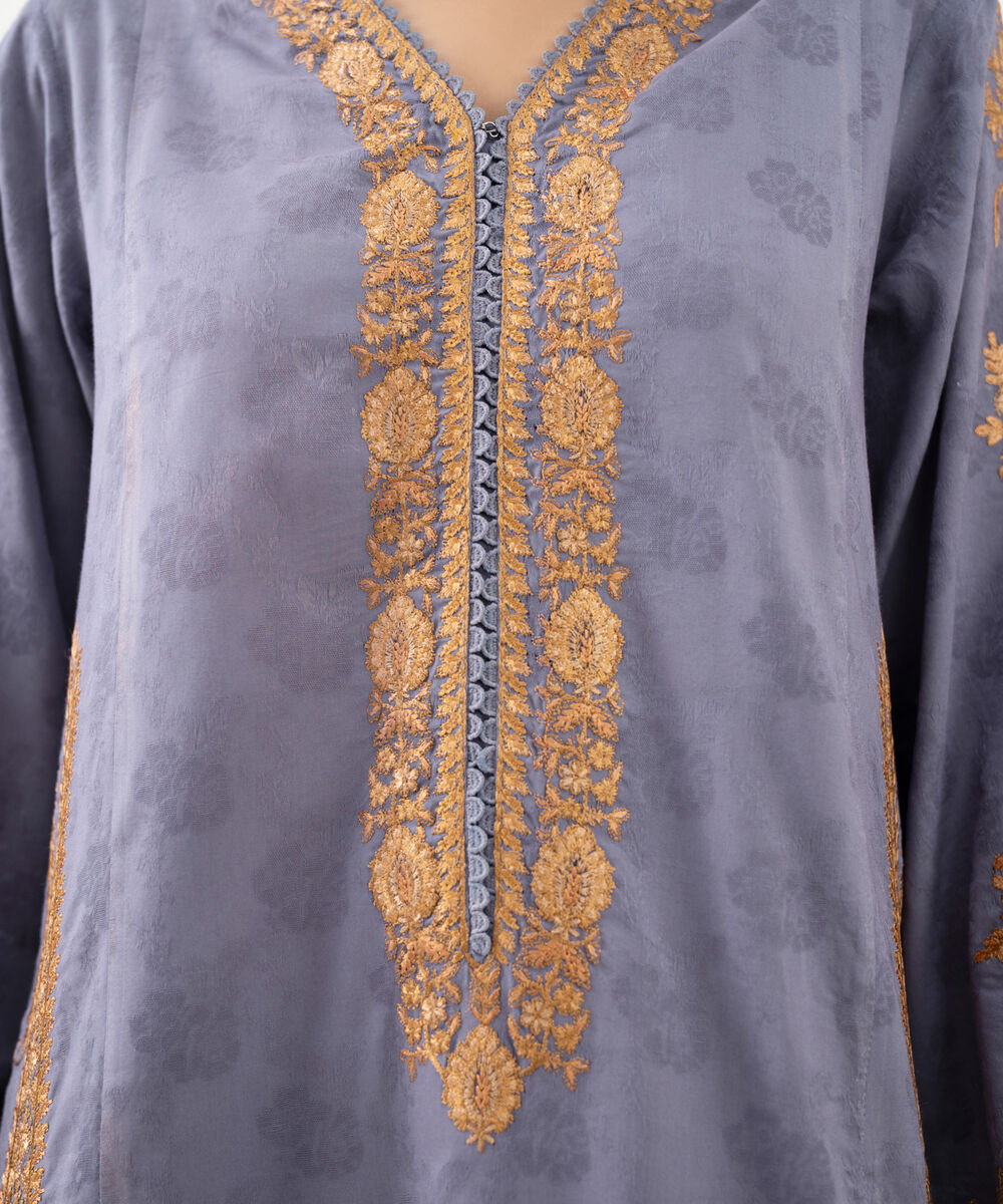 Women's RTW Cotton Jacquard Purple Embroidered A-Line Shirt