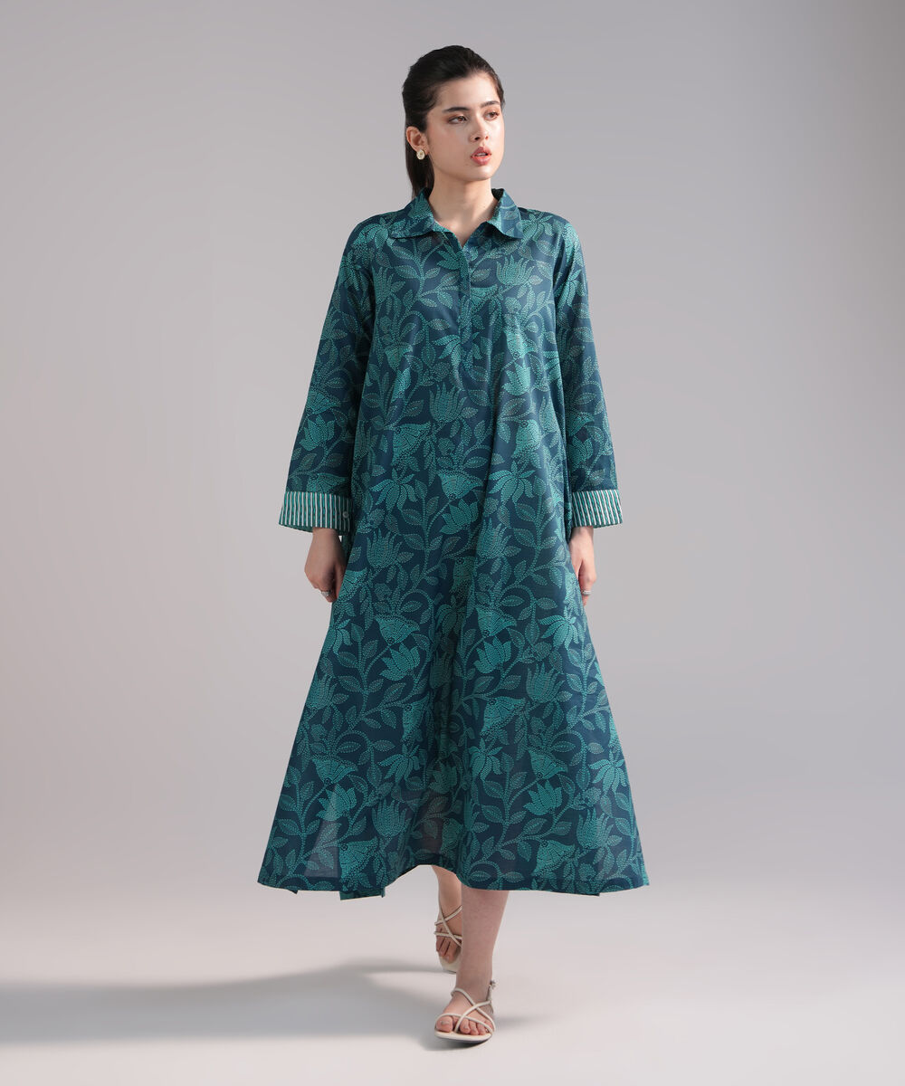 Women's RTW Slub Lawn Printed Dark Blue Dress Shirt