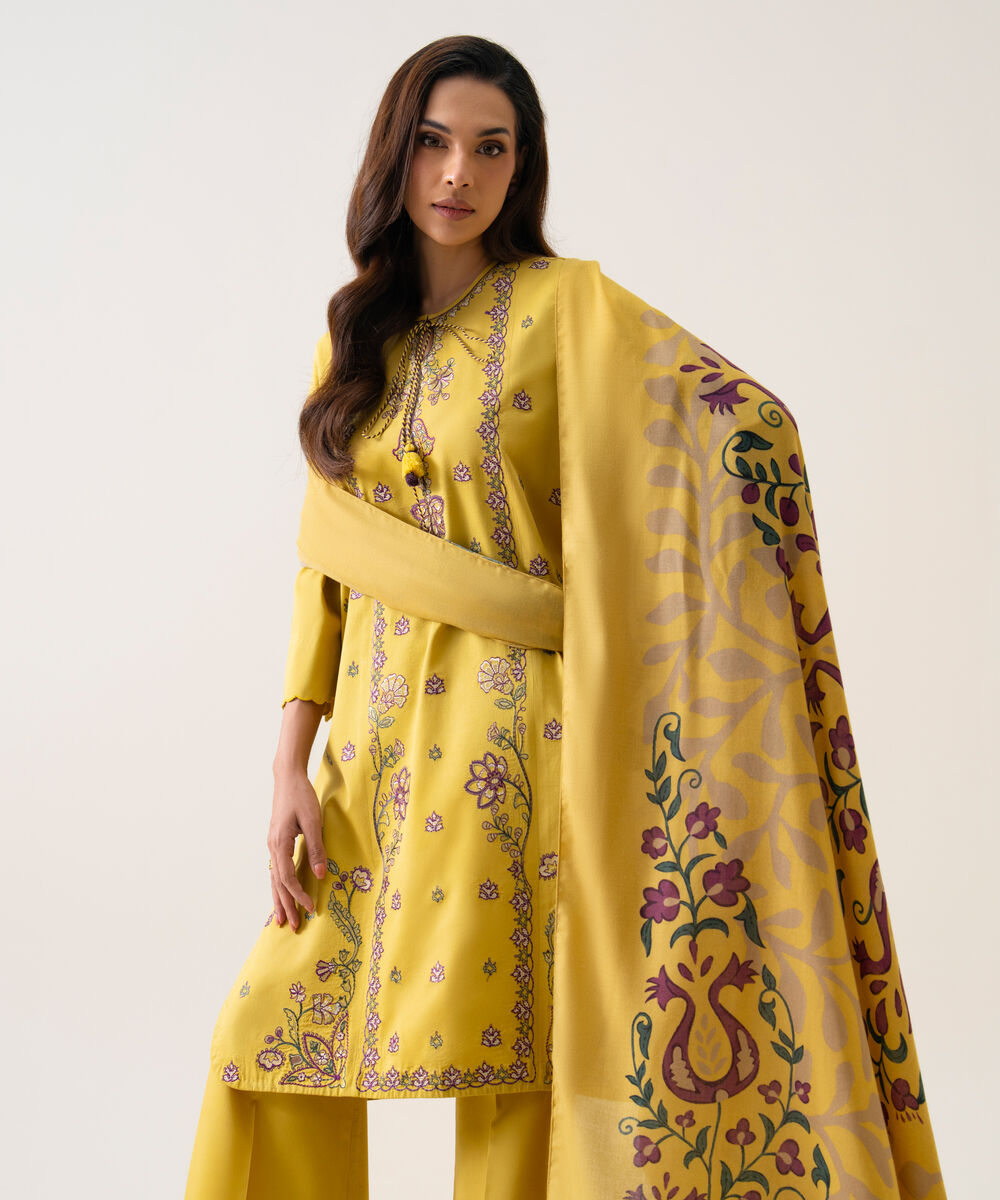 Women's Unstitched Cotton Twill Embroidered Yellow 3 Piece Suit