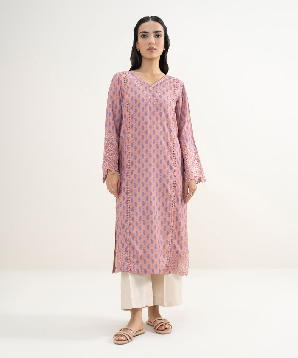 Women's RTW Viscose Raw Silk Embroidered Pink Straight Shirt