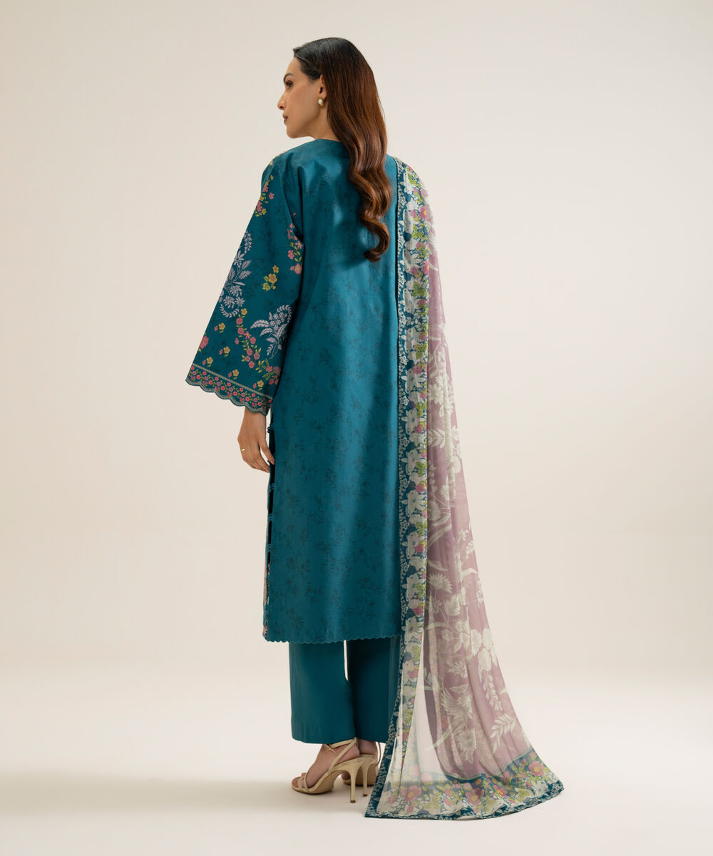 Women's Unstitched Blended Chiffon Embroidered Blue 3 Piece Suit