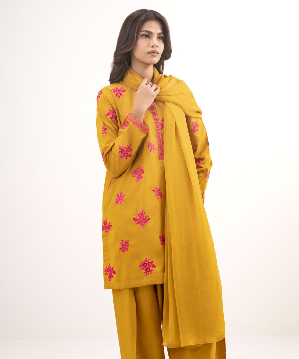 Women's RTW Self Jacquard Embroidered Mustard Brown 3 Piece Suit