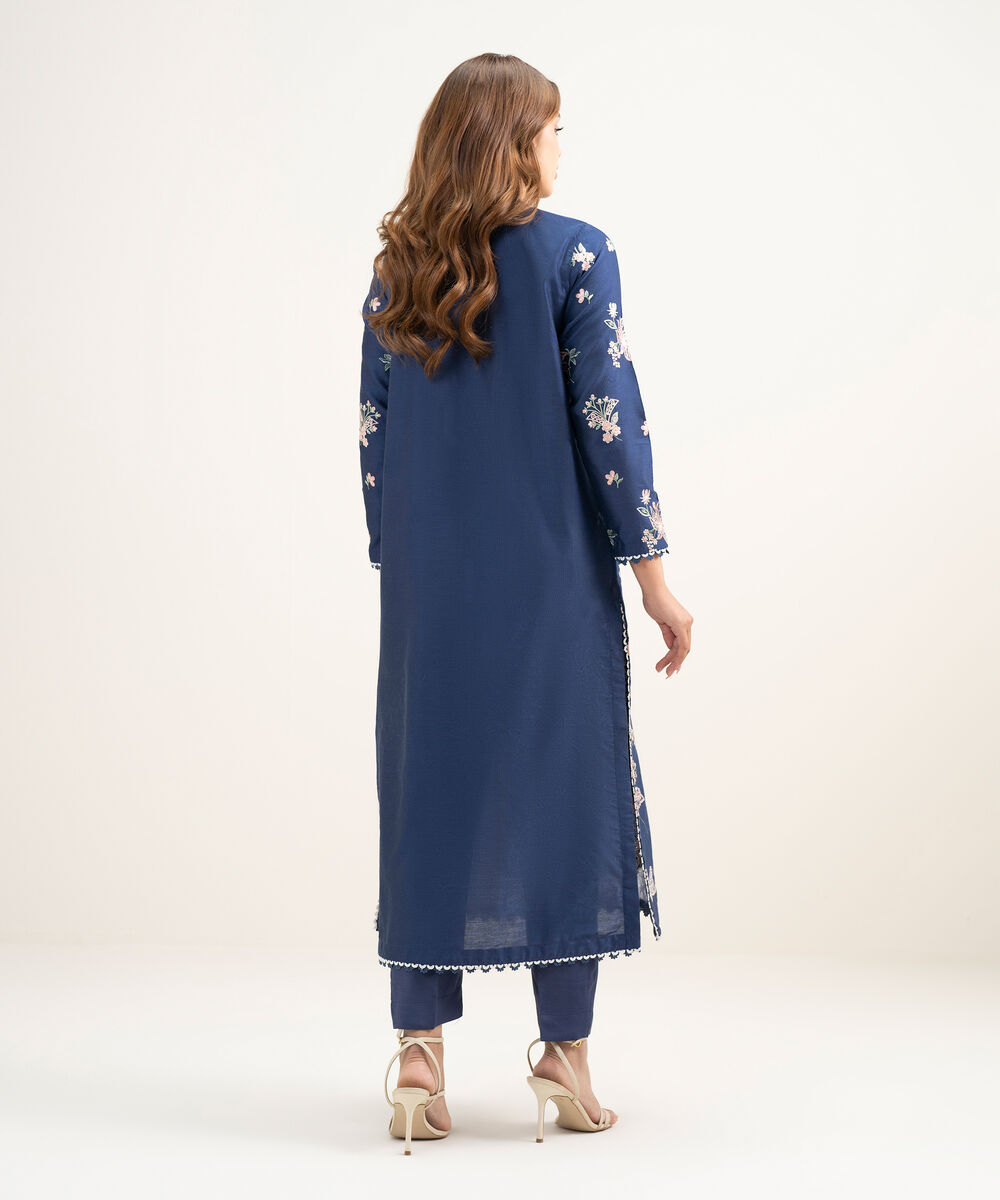 Women's RTW Silk Cotton Net Embroidered Dark Blue 2 Piece Suit