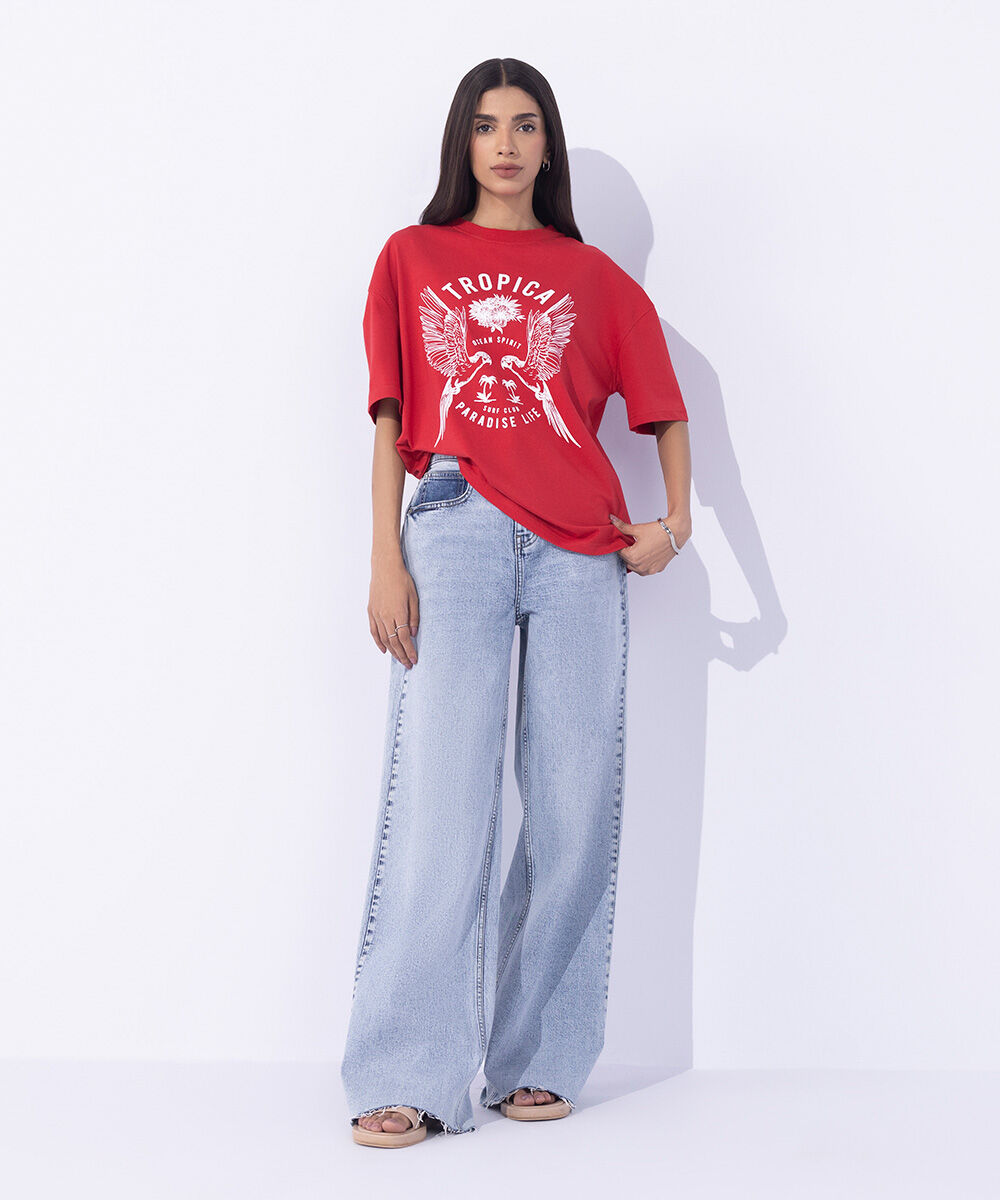 Women's Western Wear Red Loose Fit Graphic T-Shirt