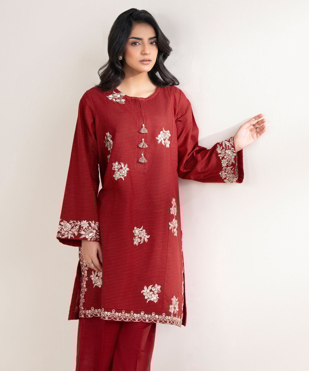 Women's RTW Zari Khaddar Embroidered Red Straight Shirt