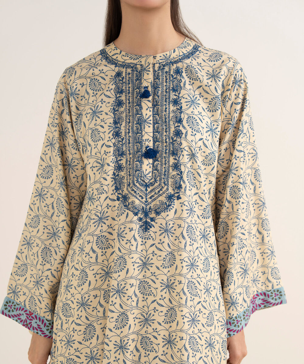 Women's RTW Cotton Embroidered Cream White A-Line Shirt