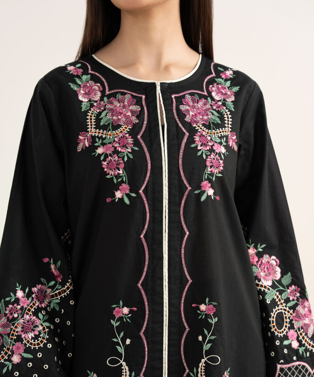 Women's RTW Textured Lawn Black Embroidered A-Line Shirt