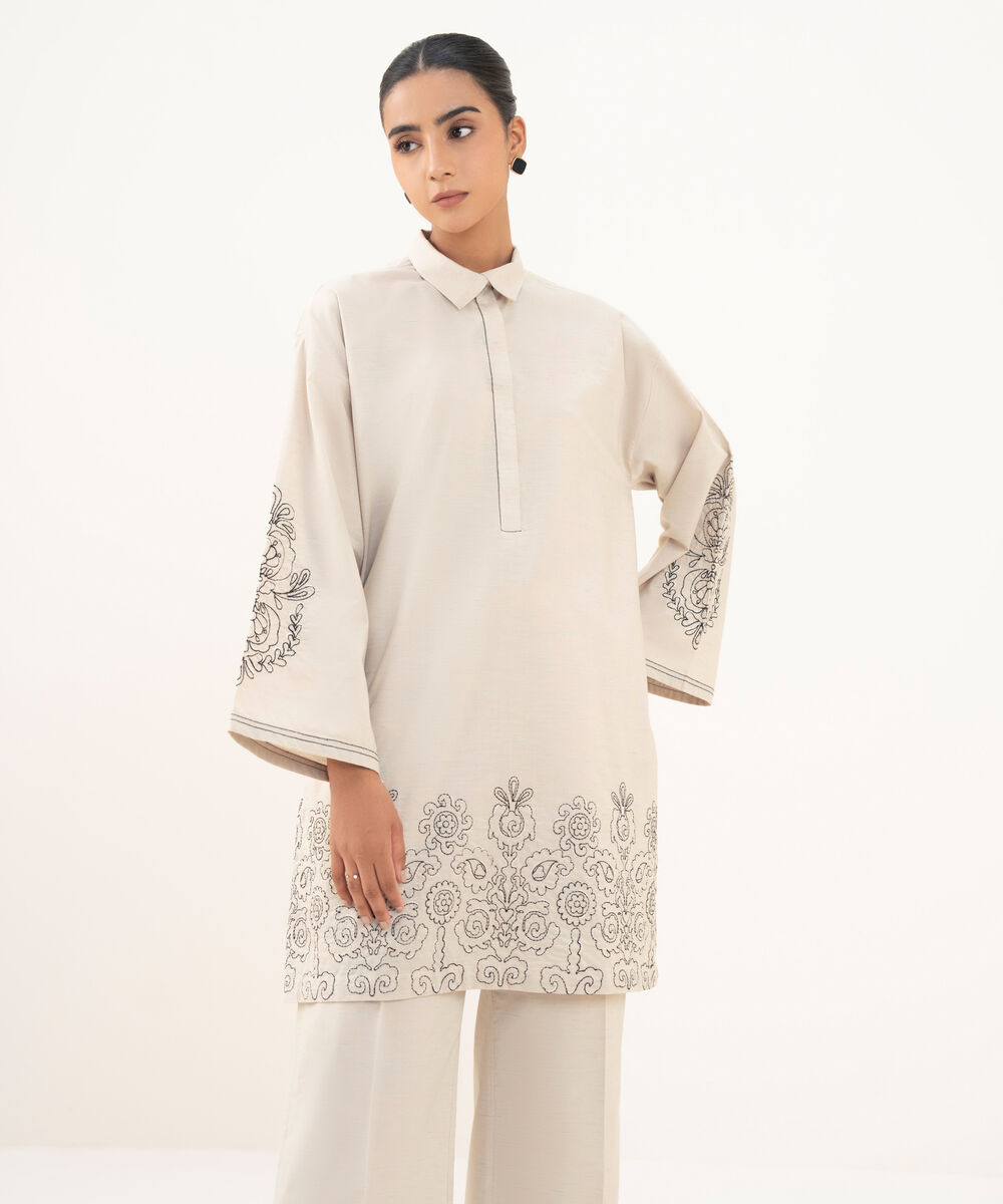 Women's RTW Textured Cotton Beige Embroidered Drop Shoulder Shirt