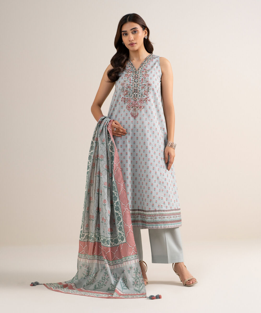Women's Unstitched Lawn Embroidered Grey 3 Piece Suit
