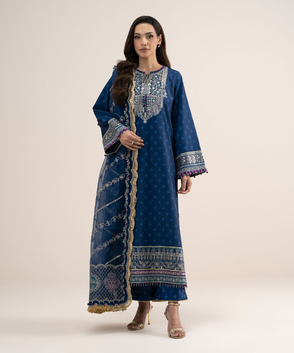Women's Unstitched Printed Blended Grip Silk Blue 3 Piece Suit