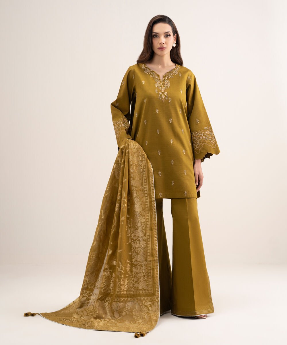 Women's Unstitched Dobby Embroidered Brown 3 Piece Suit