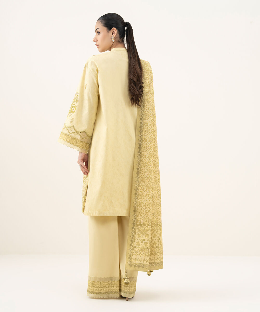 Women's Unstitched Embroidered Cotton Jacquard Lime Yellow 3 Piece Suit