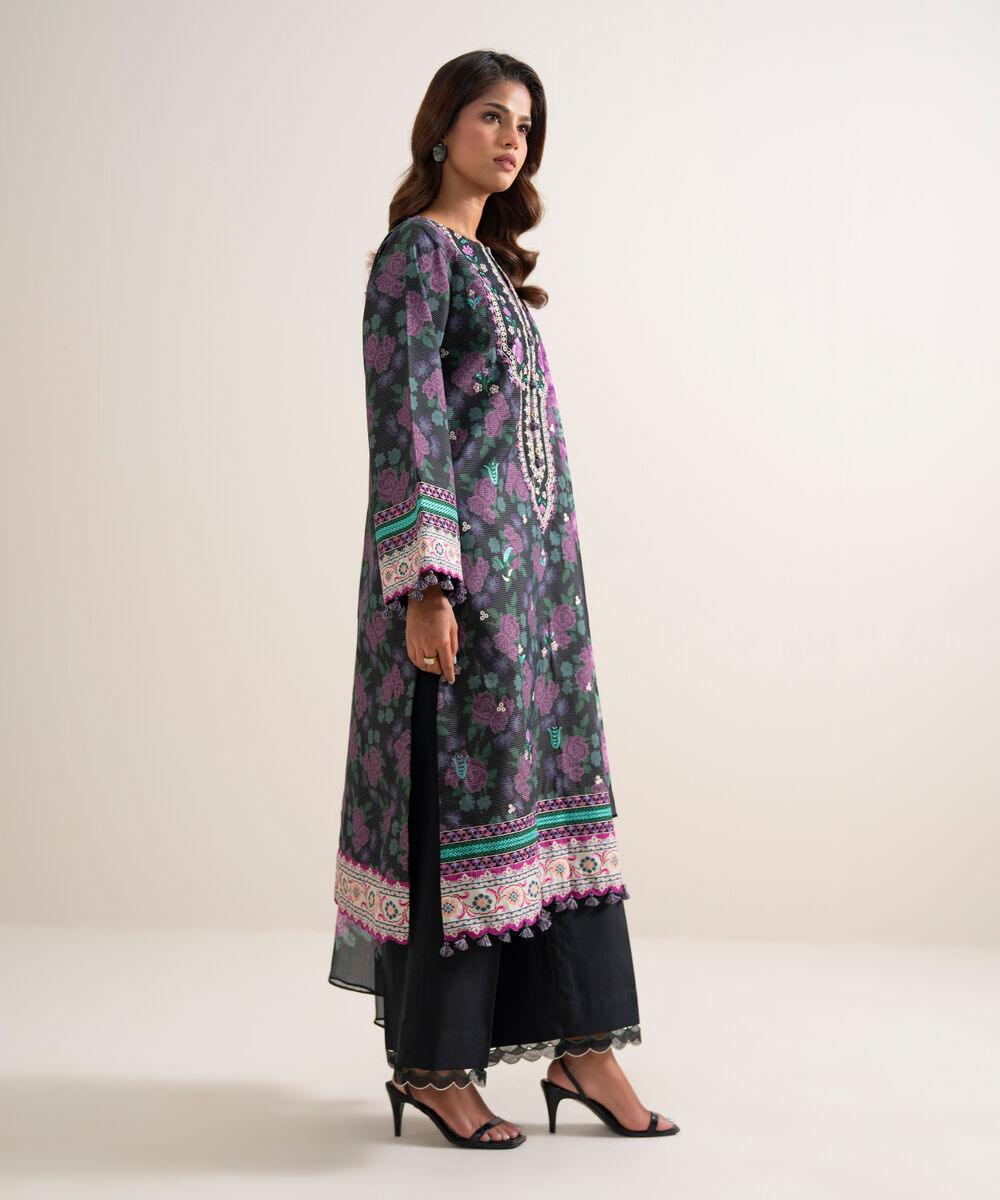 Women's Unstitched Zari Cotton Embroidered Black 3 Piece Suit