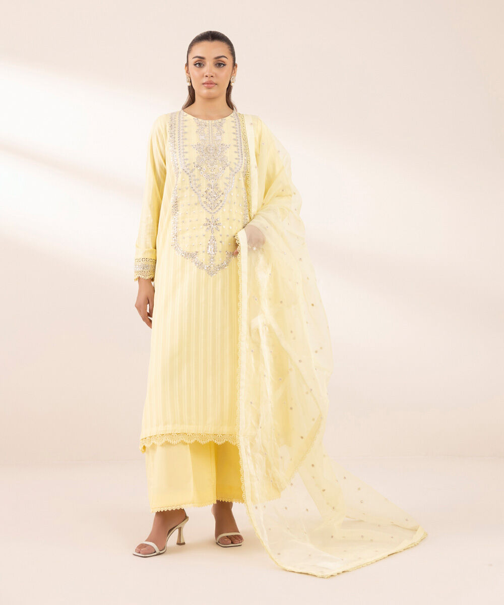 Women's RTW Dobby Yellow Embroidered A-Line Shirt