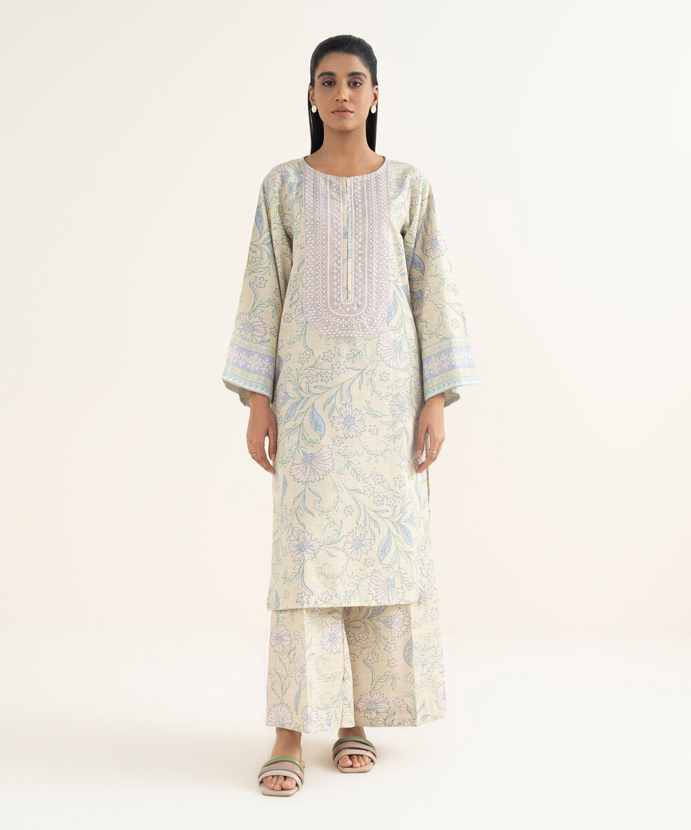 Women's RTW Light Khaddar Embroidered Beige Straight Shirt