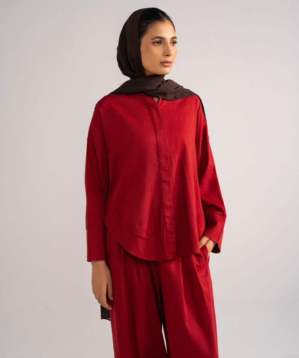 Women's Burnt Red Relaxed Fit Button Down