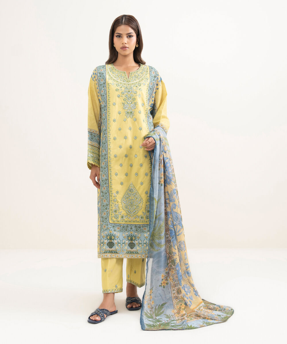 Women's RTW Zari Cotton Embroidered Yellow A-Line Shirt