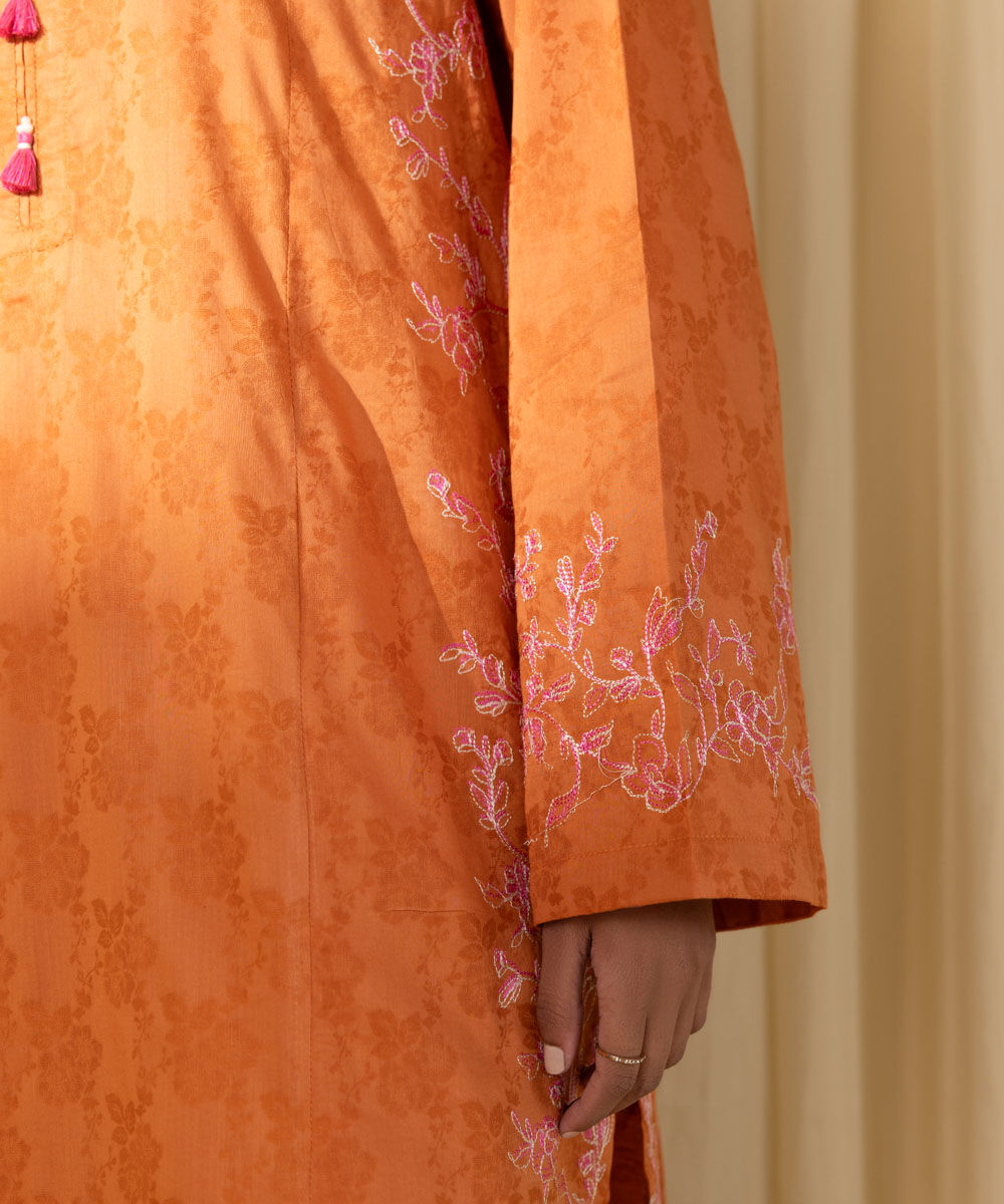 Women's Pret Yarn Dyed Orange Embroidered A-Line Shirt