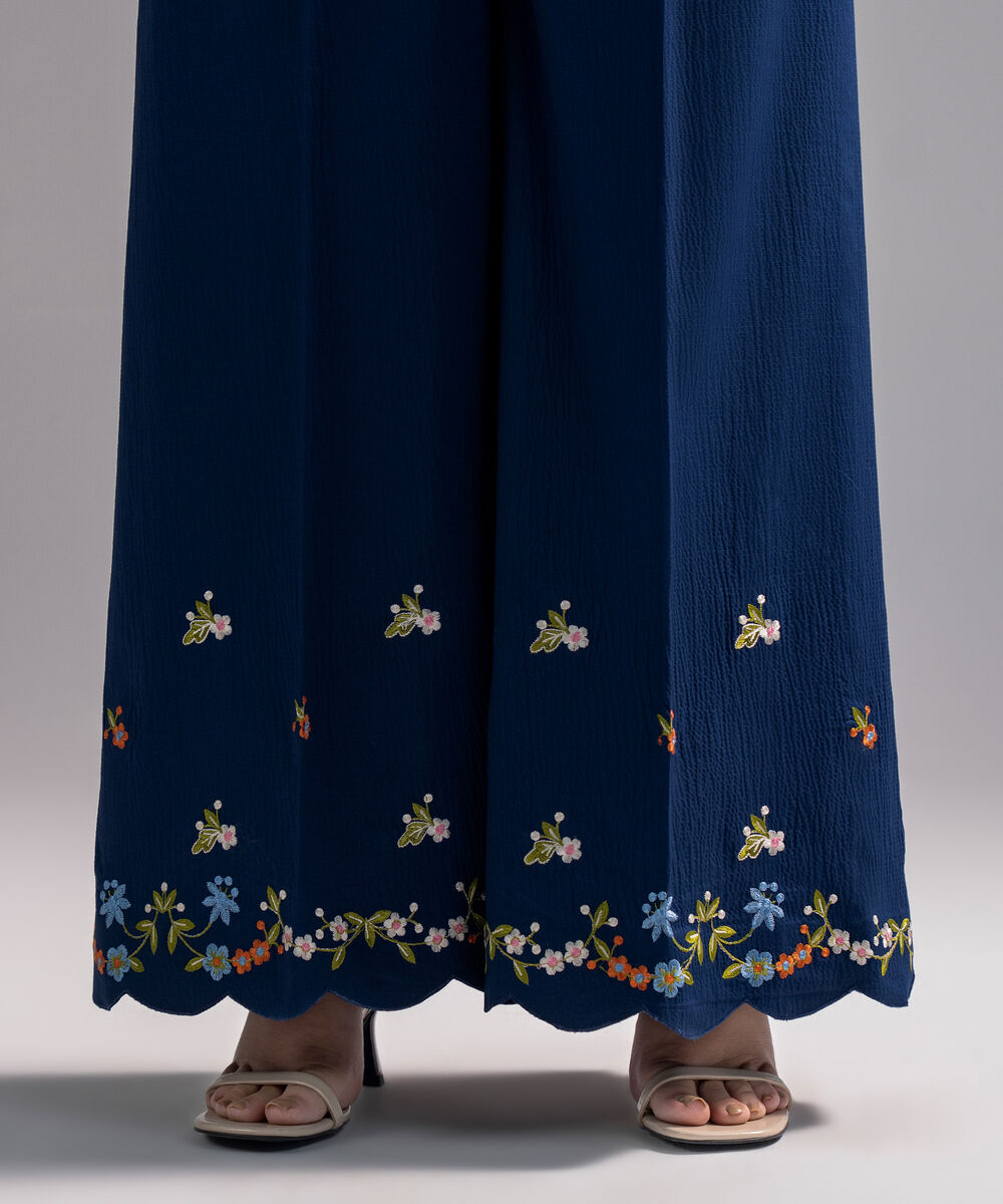 Women's RTW Seersucker Embroidered Dark Blue Flared Pants