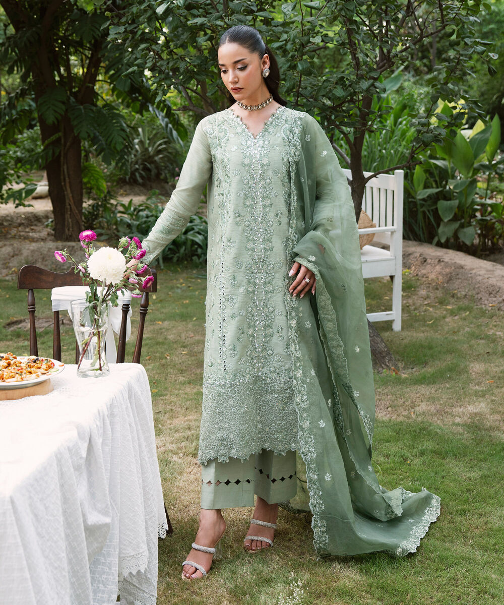Women's Unstitched Embroidered Viscose Raw Silk Green 3 Piece Suit