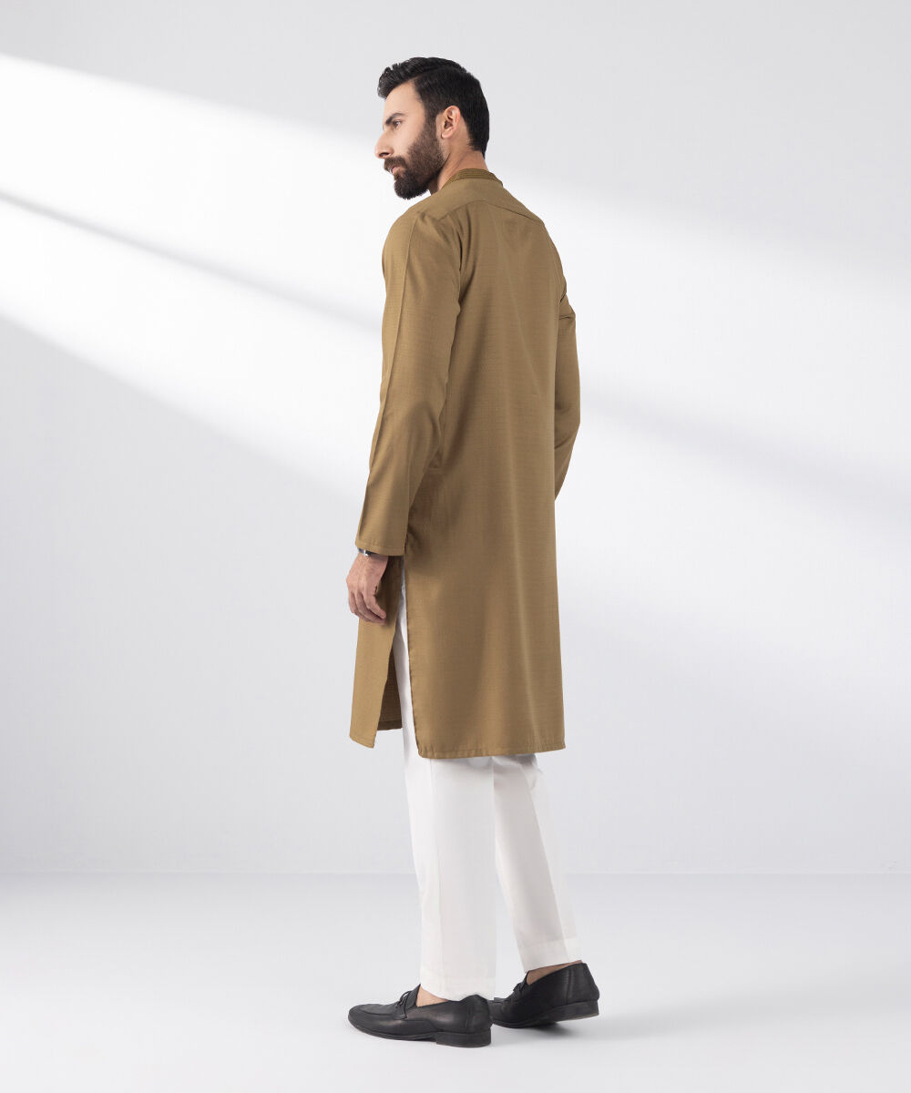 Men's Stitched Kurta Brown Embroidered Jacquard Kurta